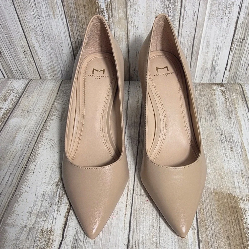 Marc Fisher LTD Zala Block Heel Pointed Toe Pumps Tan Beige Leather 5M